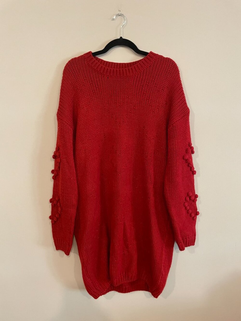 Anthropologie Ash Rain + Oak Red Bobble Sleeve Chunky Knit Sweater Dress L